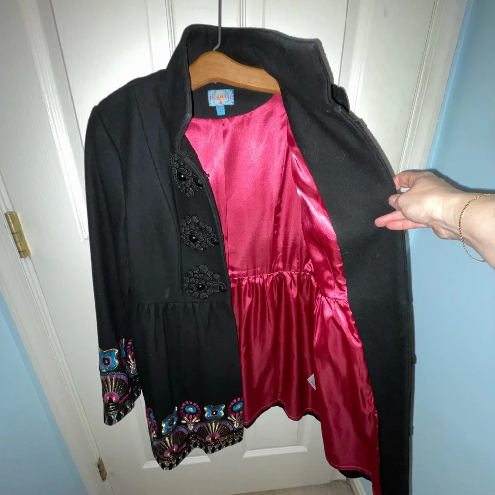 Anthropologie Plenty by Tracy Reese black wool coat with embroidery, sz 10 - Picture 2 of 13